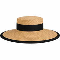 Thumbnail for Chapeau de paille femme à large bord, galon et bordure noire, coupe canotier sur fond blanc