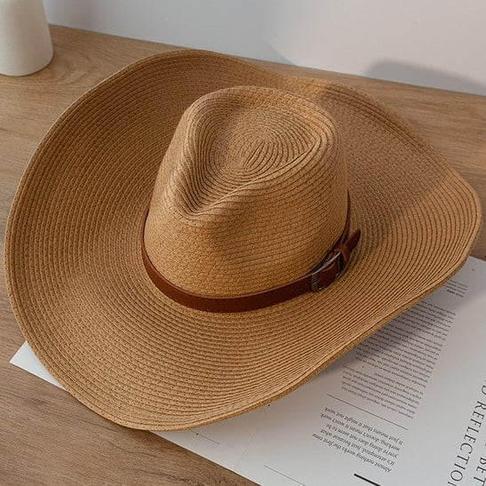 Chapeau de cowboy de paille tricoté à la main d'été à bord roulé Western  Beach Chapeaux de soleil Chapeaux de fête Chapeau de style ethnique creux  Jazz chapeau : : Mode